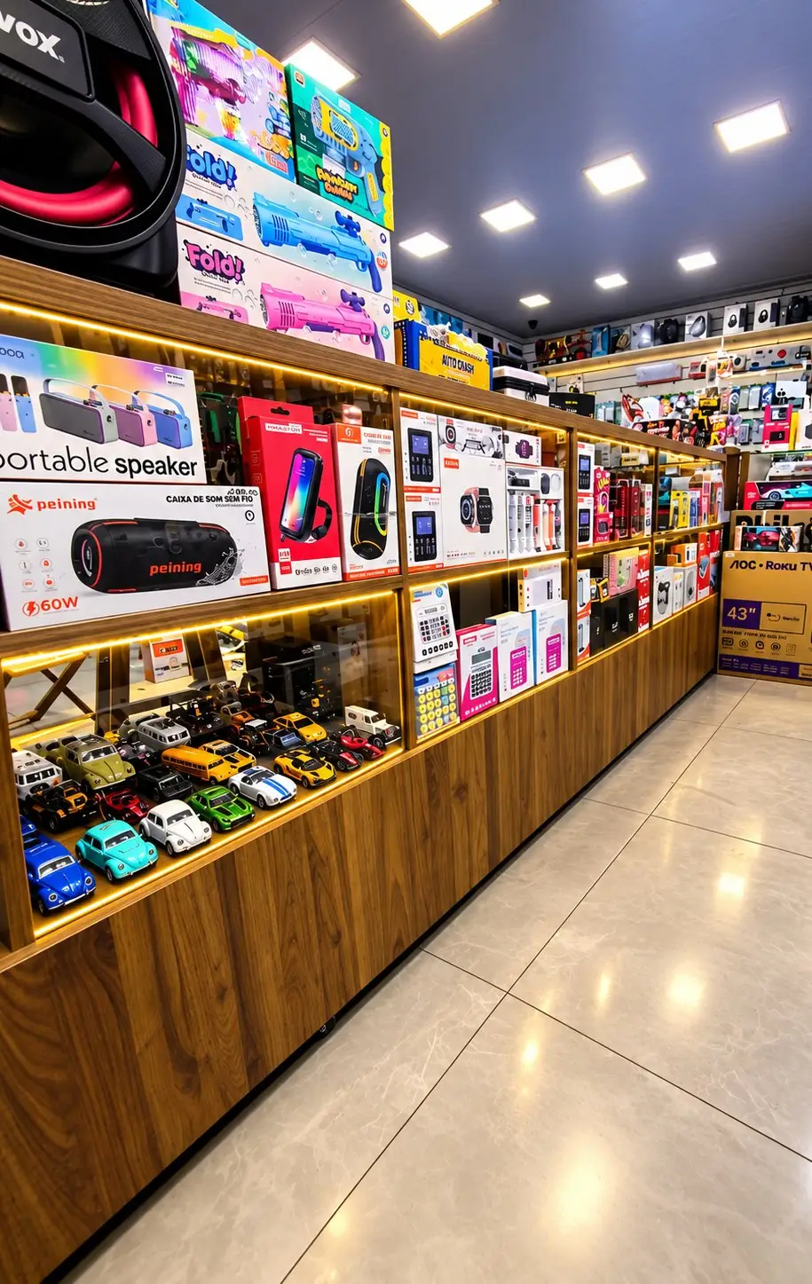 Balcão de vidro da Dyone Celulares com caixas de som e acessórios